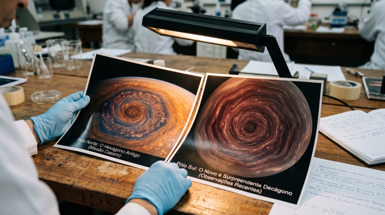 O polo sul de Saturno ganhou uma figura de dez lados: Hubble acompanha um decágono atmosférico que não aparecia assim poucos anos atrás