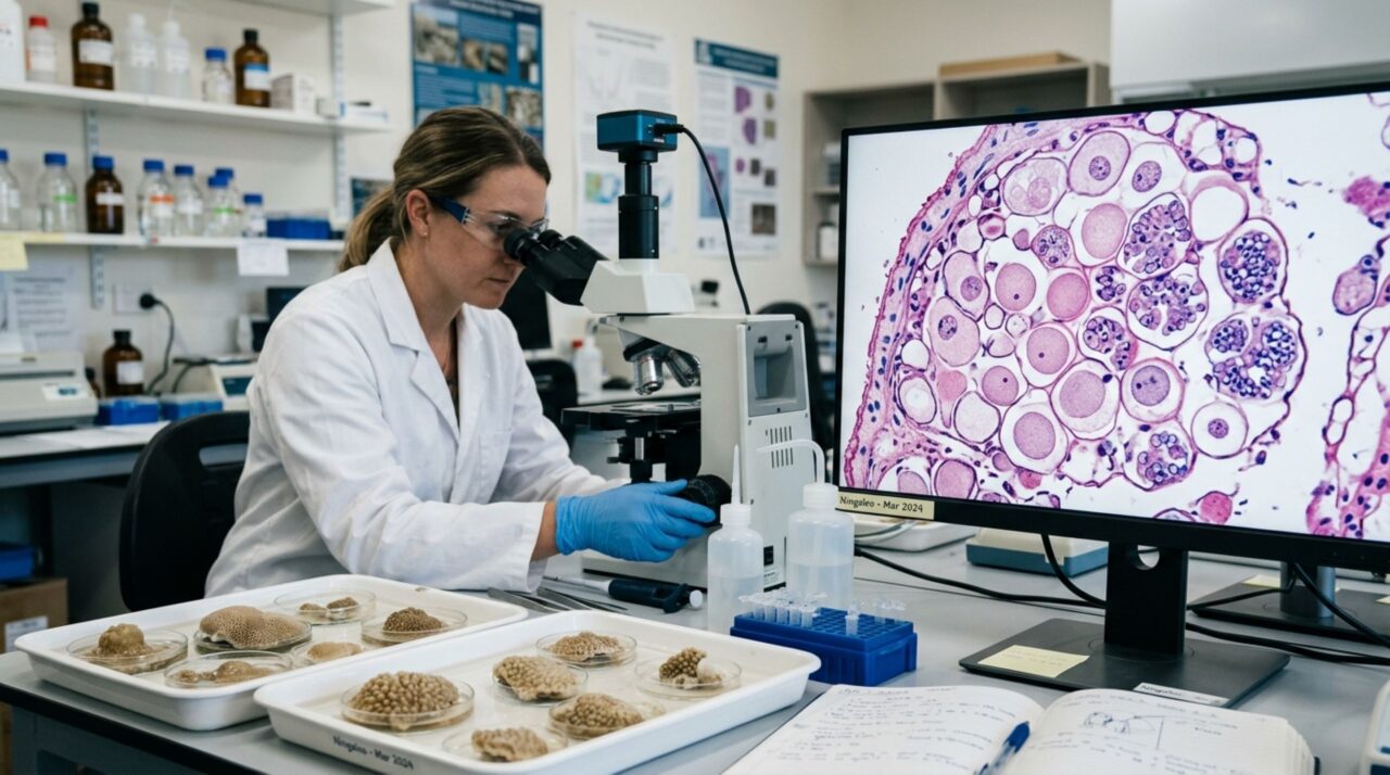 Análises microscópicas identificaram gametas maduros em corais Porites coletados no recife de Ningaloo