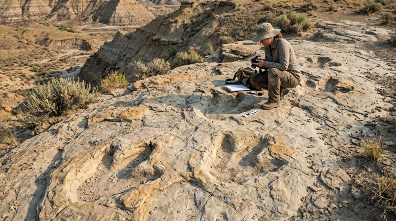 Quatro pegadas fossilizadas em Dakota do Norte formam uma trilha de aproximadamente sete metros, provavelmente deixada por um T. rex adulto há 66,5 milhões de anos