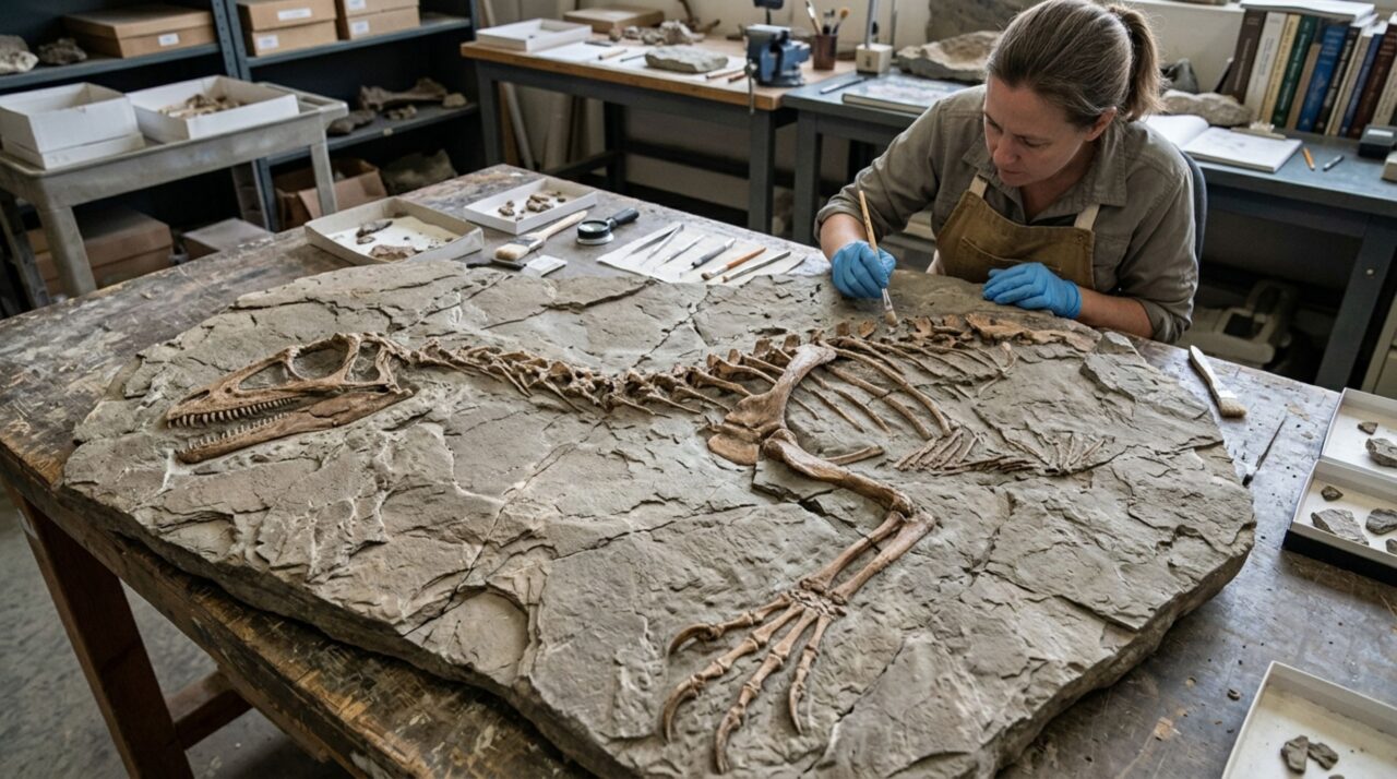 O esqueleto de Kayrasaurus changliensis preserva crânio, mandíbula, vértebras e membros anteriores com garras curvas, mas não conserva as pernas