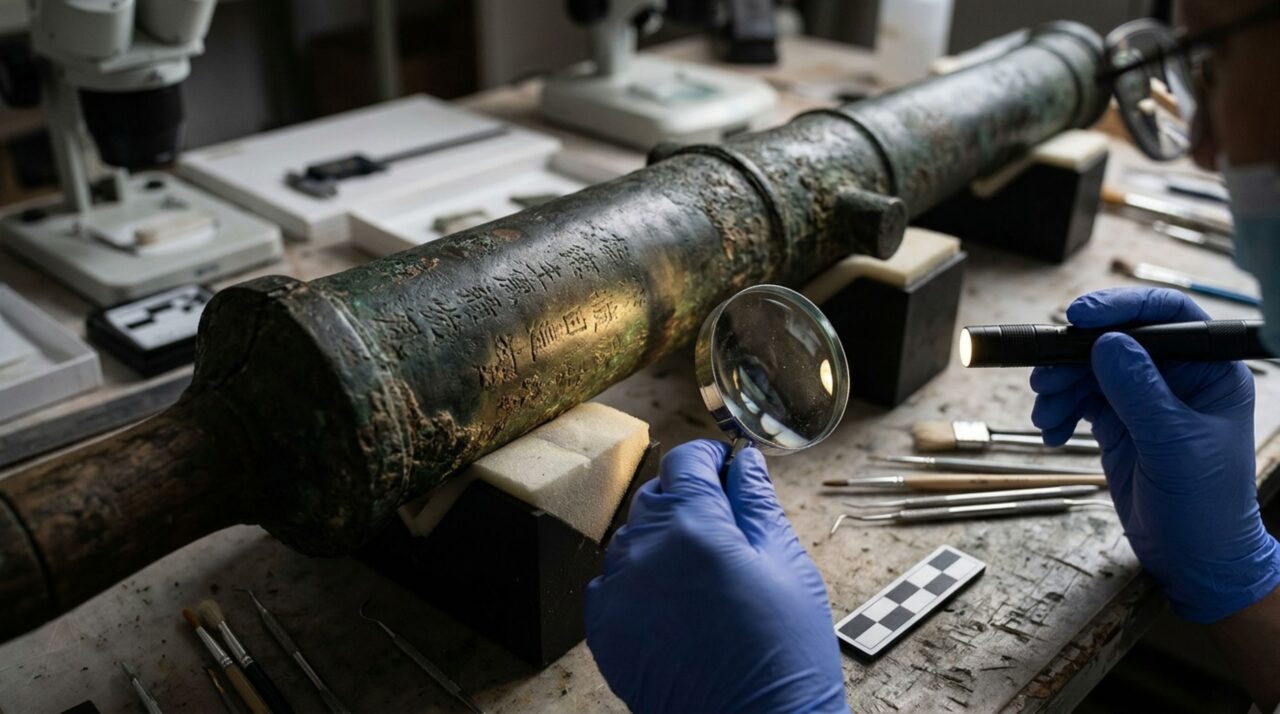 A análise das inscrições preservadas no bronze revelou informações sobre o artesão e o supervisor responsáveis pela fabricação do canhão