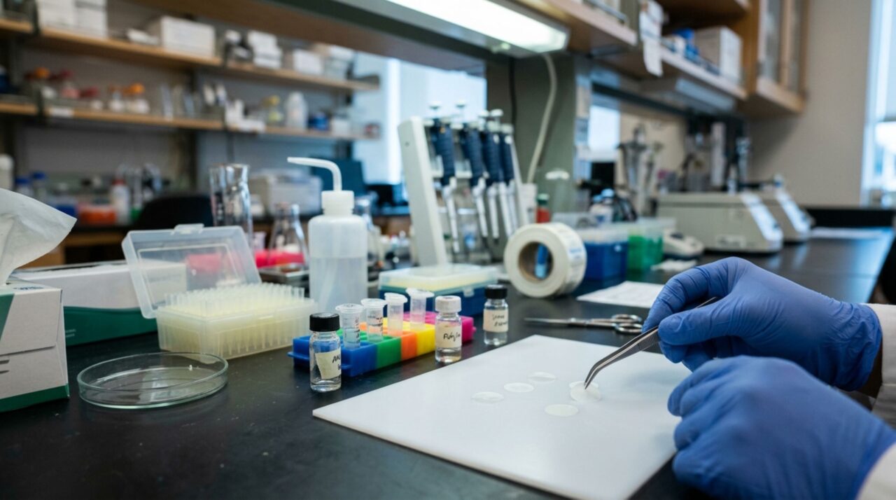 Discos de seda recombinante produzidos em laboratório foram preparados para testes pré-clínicos de biocompatibilidade e degradação
