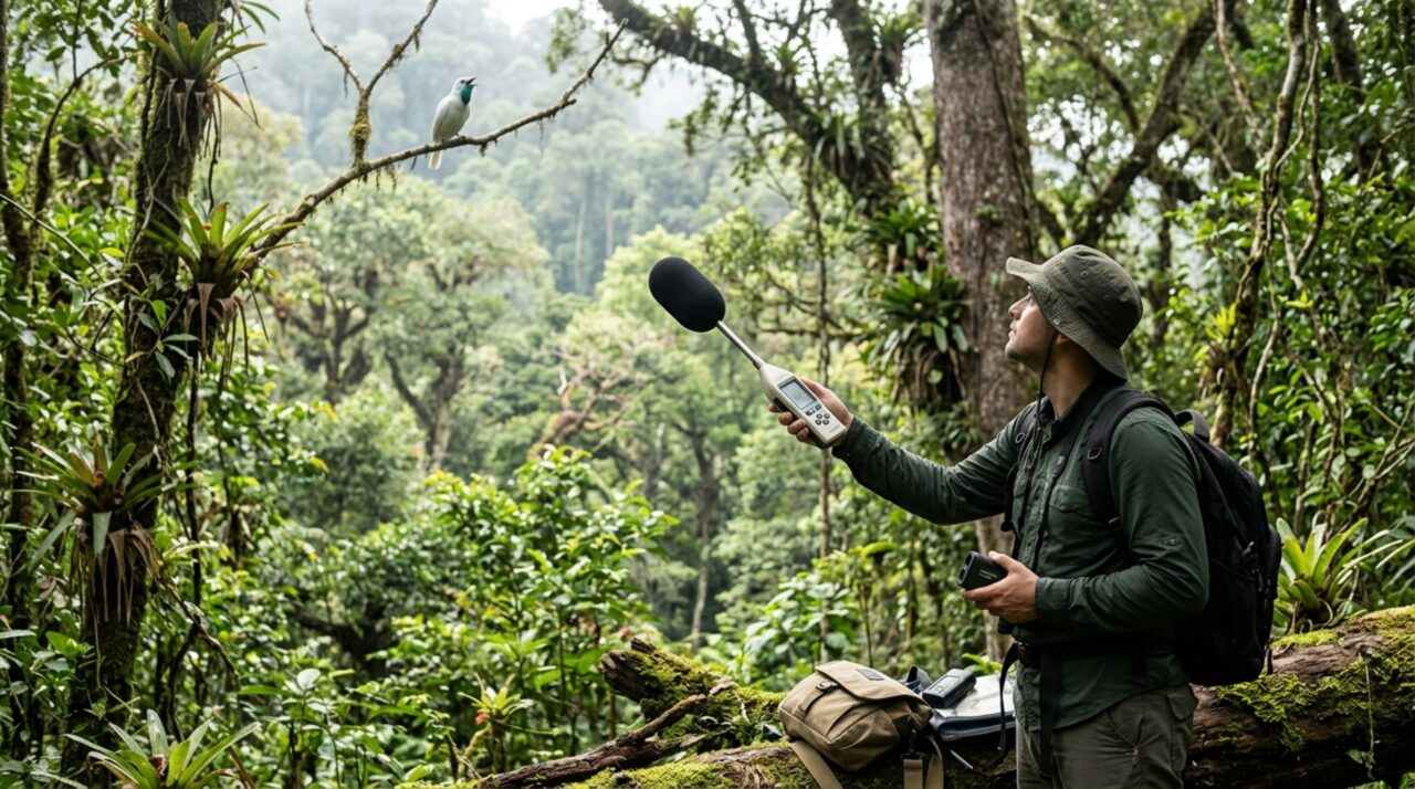 Medições de campo com equipamentos acústicos calibrados permitem comparar a intensidade do canto de diferentes aves