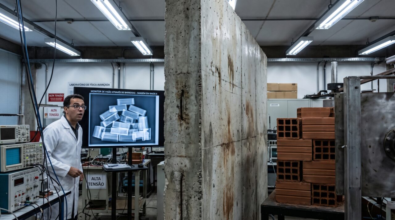 Um feixe artificial atravessou uma parede de concreto e desenhou a sombra de tijolos de chumbo usando partículas que normalmente caem do céu