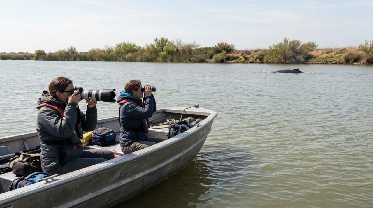 Pesquisadores acompanham a baleia Rio à distância para registrar seus movimentos e avaliar suas condições durante a passagem pelo delta da Califórnia