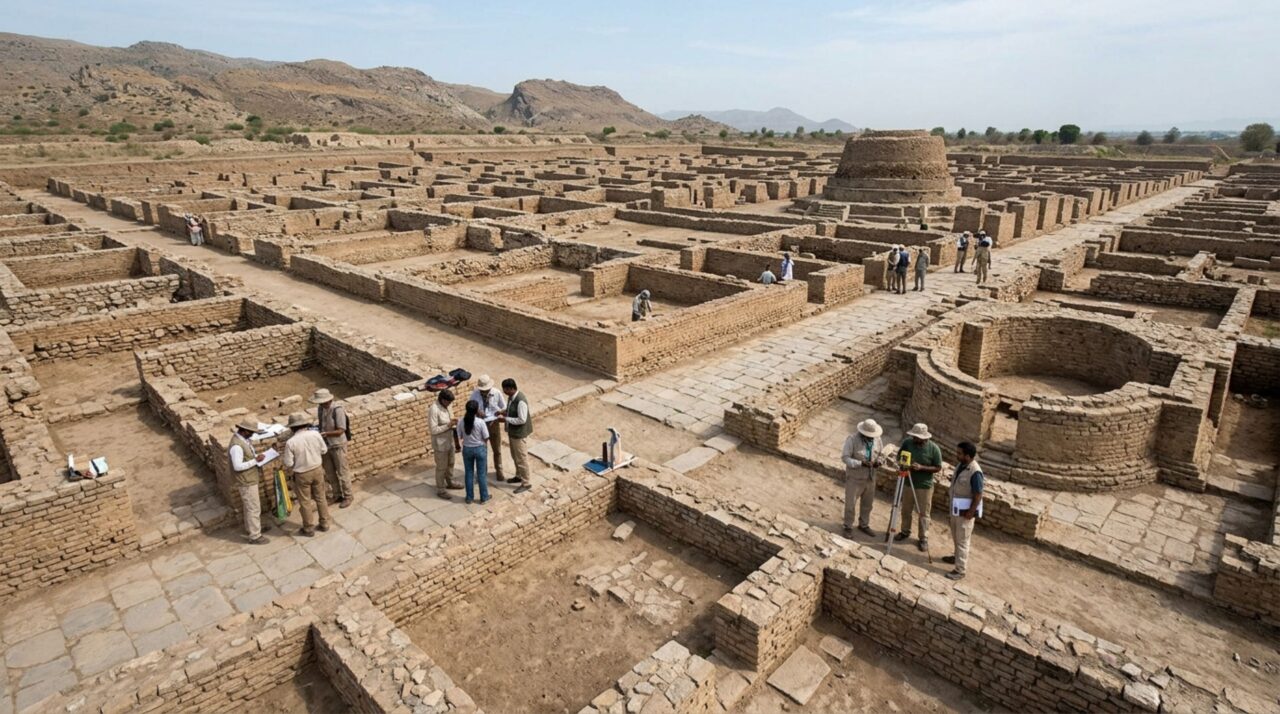 Sirkap preserva um planejamento urbano regular que contrasta com fases anteriores de Taxila