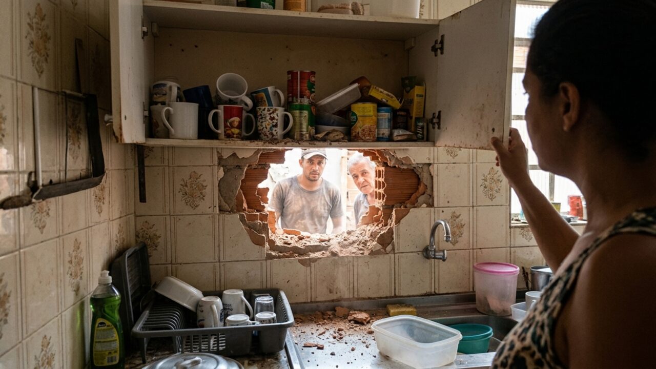 Durante a demolição de uma edícula, família percebe que o armário da cozinha vizinha estava apoiado na parede retirada e acompanha o aparecimento de uma abertura atrás dos móveis