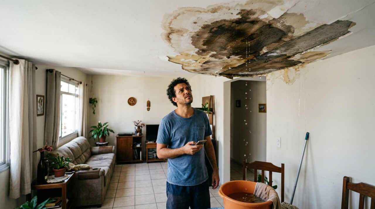 Vazamento do apartamento de cima mancha o teto de baixo: quem paga é o dono da unidade de origem, a menos que o cano seja da coluna comum, caso em que paga o condomínio