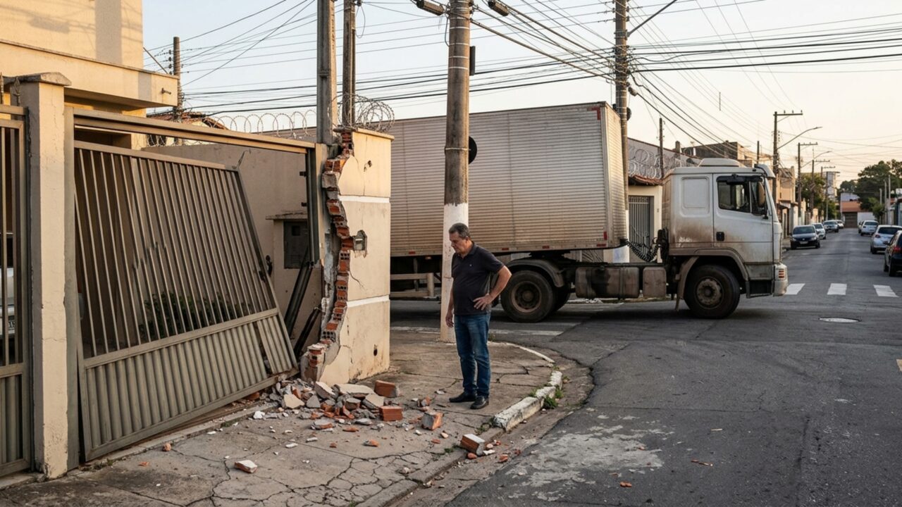Uma carreta entra na rua para entregar materiais de construção e derruba parte do pilar da casa da esquina ao tentar fazer o retorno no fim da descarga