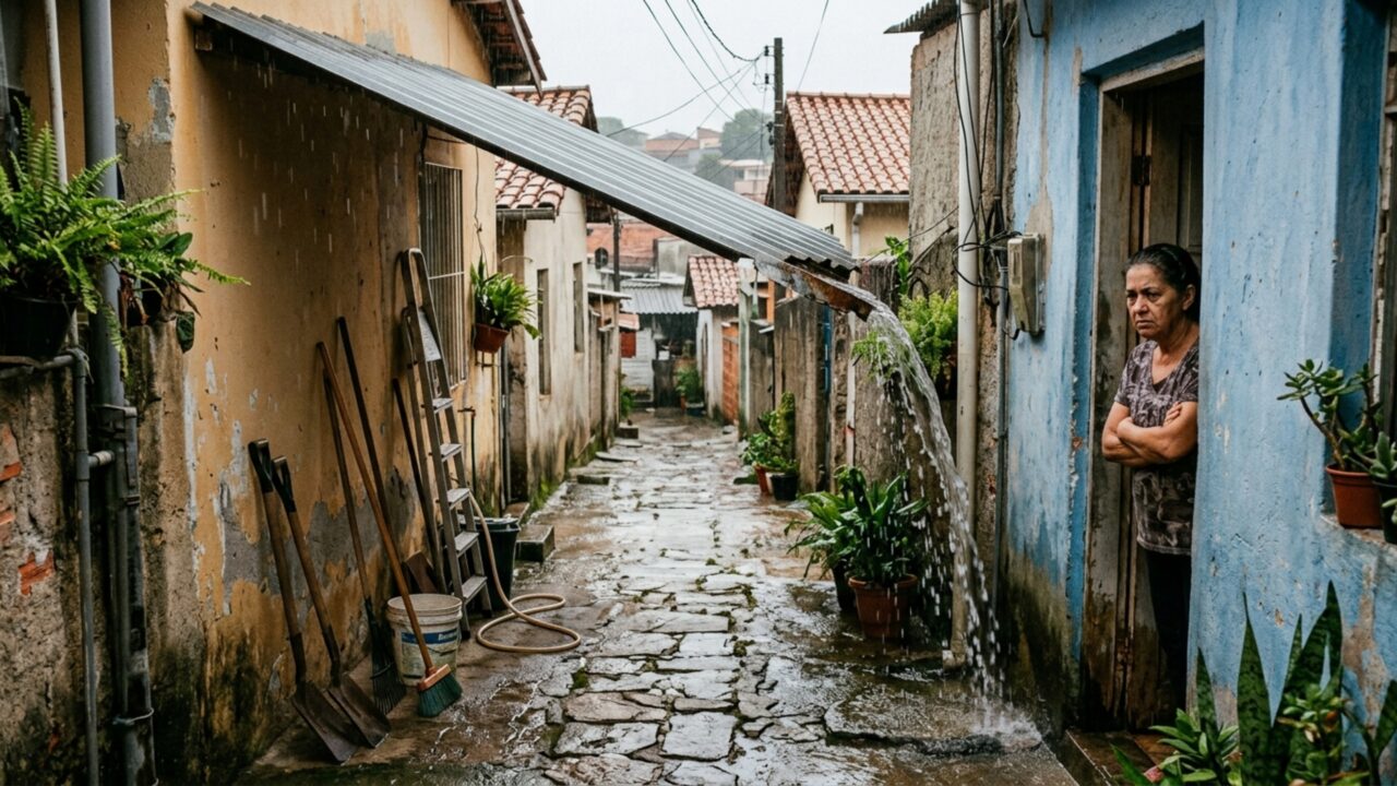 Vizinho instala uma cobertura sobre a passagem lateral para guardar ferramentas e, depois da primeira chuva forte, a água começa a cair inteira sobre a porta da casa ao lado