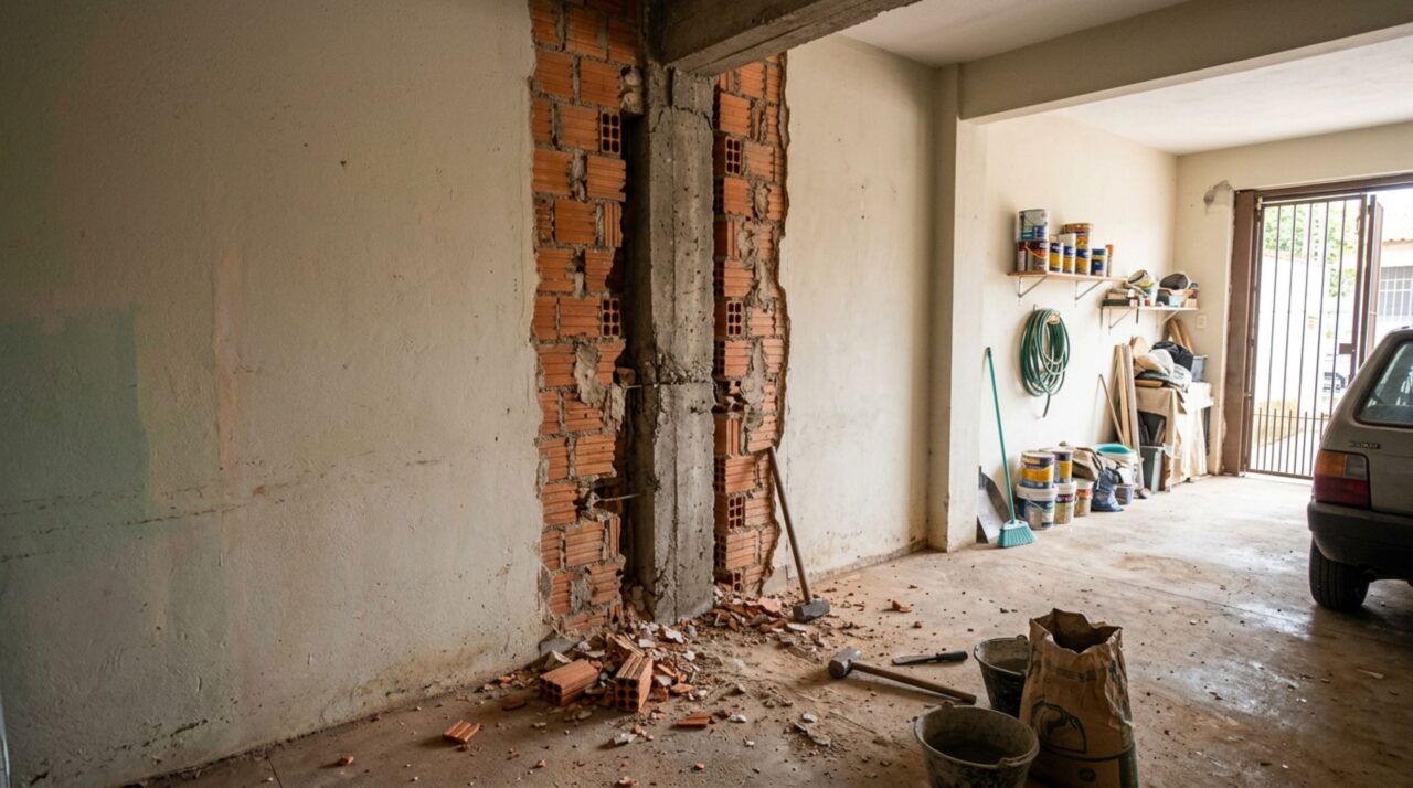 Morador derruba uma pequena parede da garagem para ampliar a vaga e descobre durante a obra que ela escondia uma coluna usada para sustentar a cobertura