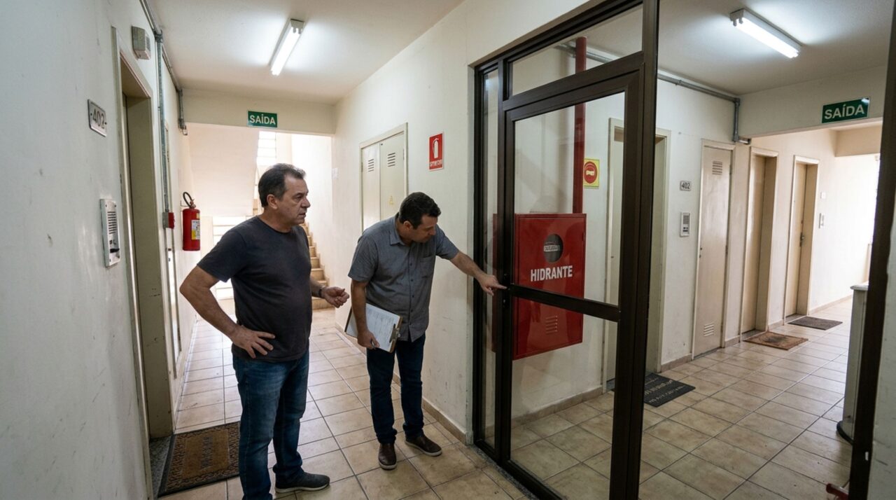 Morador coloca uma porta no corredor para aproveitar o espaço diante de seu apartamento, vizinhos descobrem que a estrutura bloqueia o acesso ao hidrante e pedem a remoção, mas ele afirma que o síndico anterior autorizou a instalação
