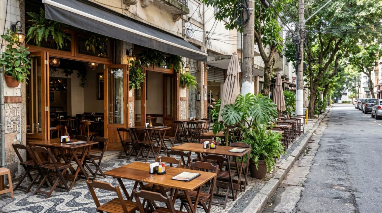 Comerciante coloca mesas e cadeiras na calçada para aumentar o movimento do restaurante e recebe reclamação de moradores que precisam caminhar pelo asfalto para passar