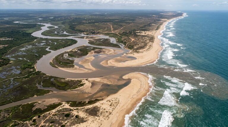 A foz de um rio muda conforme erosão, deposição, ondas e correntes redistribuem sedimentos
