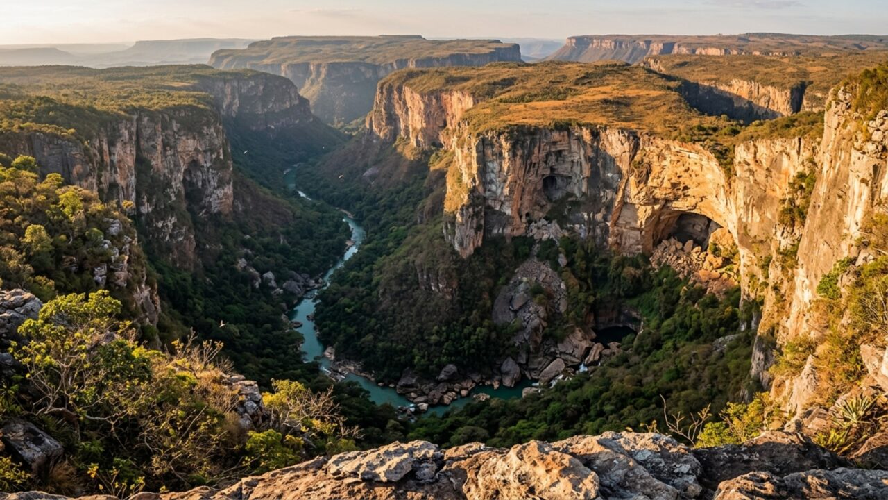 Um cânion brasileiro guarda seis grandes pontos onde o teto das cavernas desabou e a luz passou a alcançar um rio que corria escondido na rocha