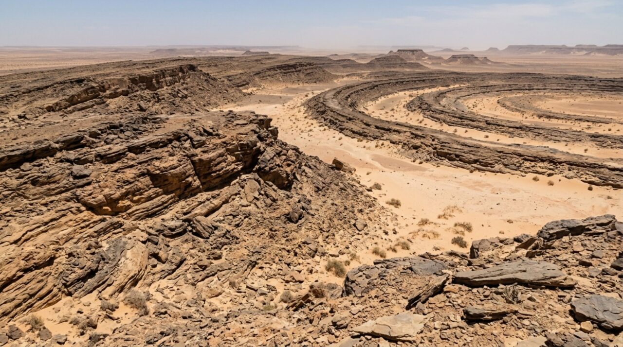 Camadas rochosas expostas revelam como o magmatismo e a erosão formaram os anéis naturais do Olho do Saara