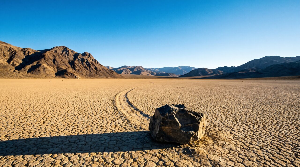 Durante anos, pedras pareciam deslizar sozinhas pelo deserto até que gelo fino e vento revelaram o mecanismo por trás das trilhas
