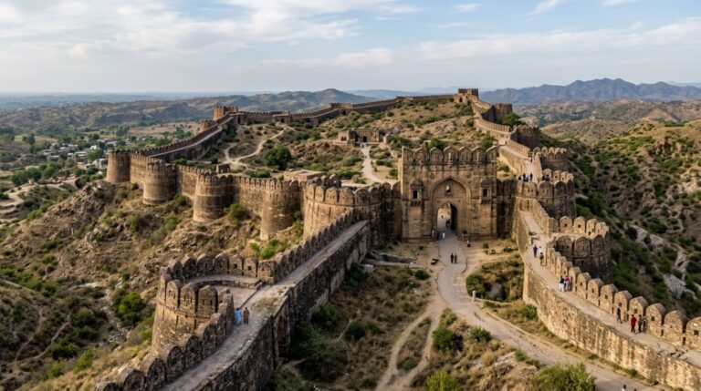 Rohtas combina muralhas extensas, bastiões e portões monumentais em um grande projeto militar do século XVI