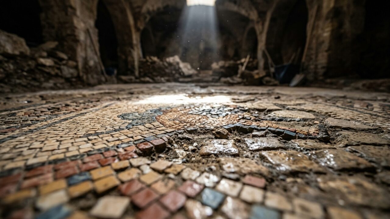 Um mosaico de 16 metros surgiu sob as Termas de Trajano e pode ser o maior painel de parede conhecido da Roma antiga