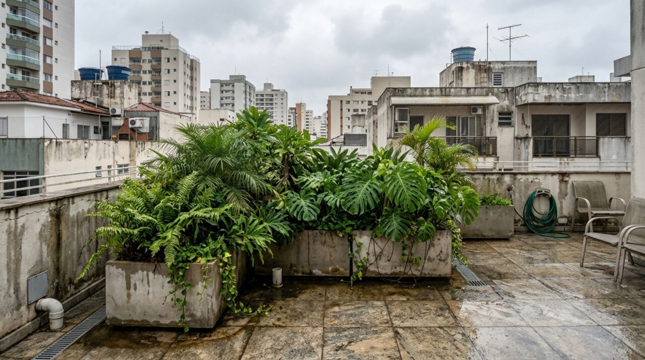 Proprietário do último andar instala um jardim sobre o terraço, água começa a infiltrar na garagem e atinge veículos estacionados, mas uma vistoria revela que a impermeabilização original foi perfurada durante a instalação dos canteiros