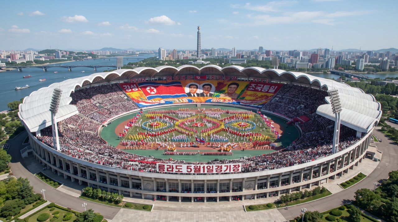 O Estádio Rungrado Primeiro de Maio na Coreia do Norte, o maior do mundo em capacidade.