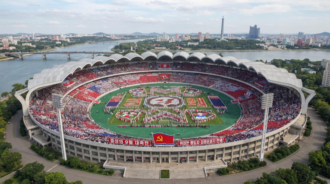 Com uma cobertura gigantesca sustentada por 16 arcos e capacidade para até 150 mil espectadores, o maior e mais misterioso estádio de futebol do mundo domina o horizonte de um país isolado