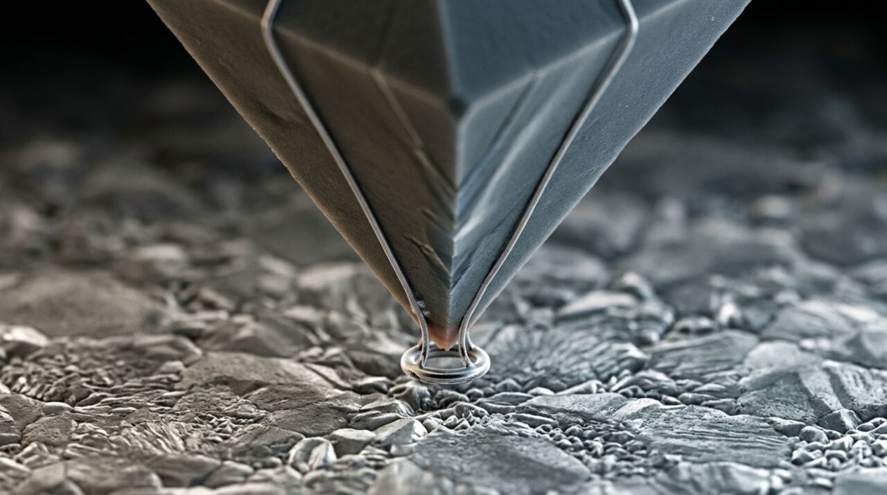 Um sensor quântico foi colocado na ponta de uma pirâmide para chegar quase encostado ao material: o truque revela magnetismo em escala nanométrica