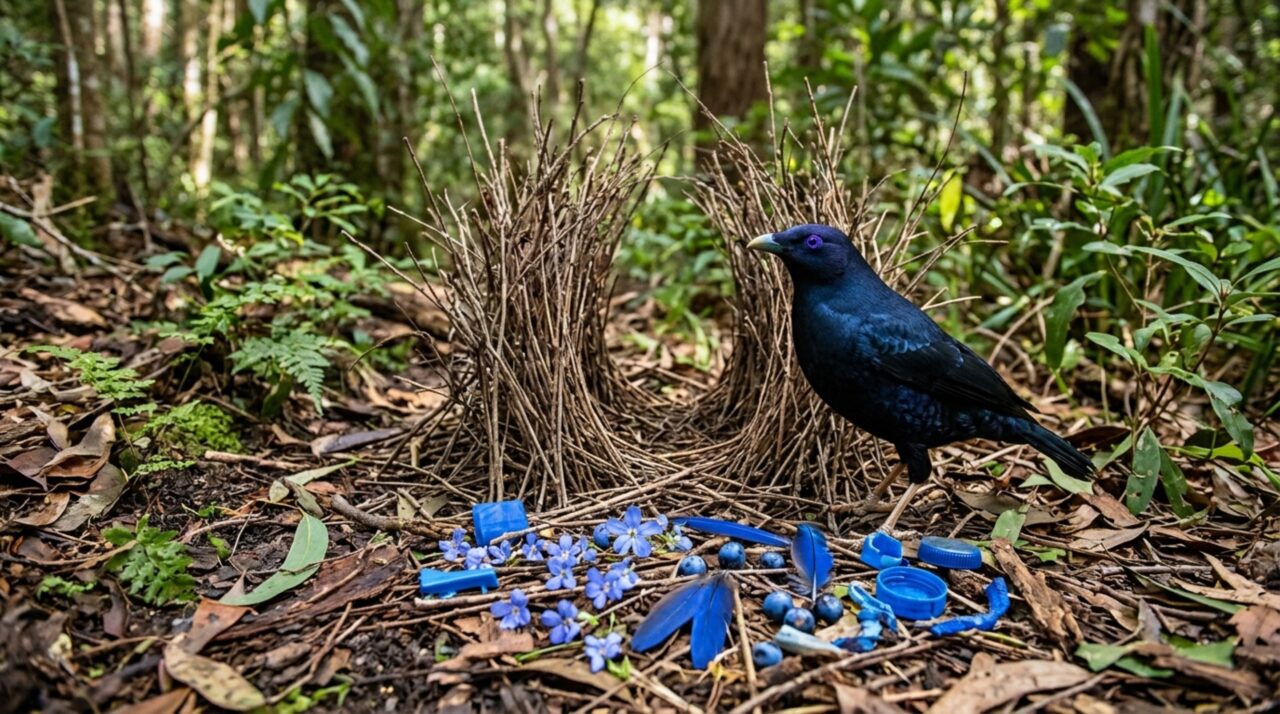 O macho que passa semanas decorando uma construção com flores, pedras e objetos coloridos, mas não coloca os ovos ali