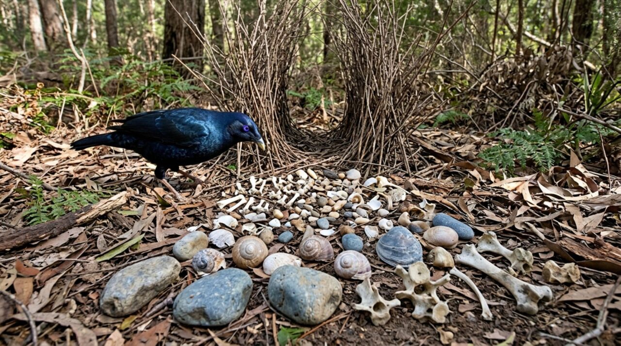 Pedras organizadas por tamanho criam uma ilusão visual durante o cortejo