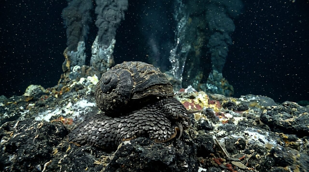 O caracol que produz uma armadura com metal e vive perto de fontes hidrotermais no fundo do oceano