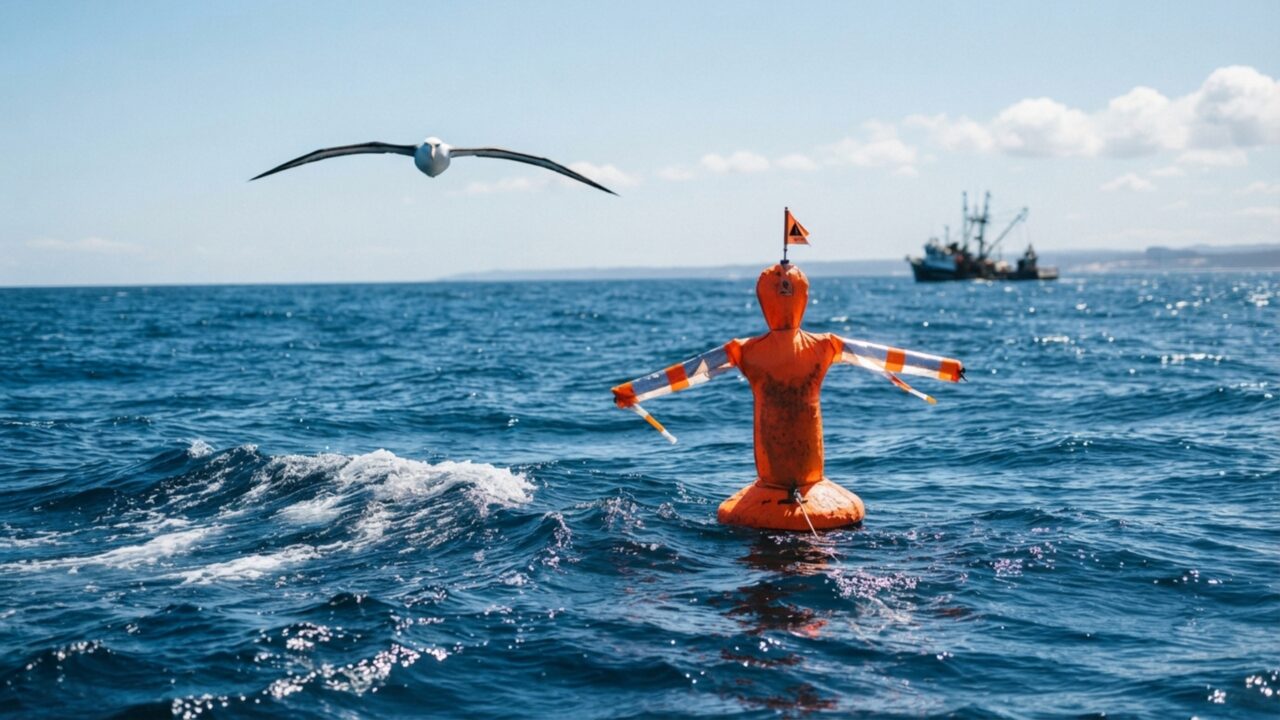 Um espantalho flutuante foi colocado no mar e conseguiu reduzir o risco de aves ameaçadas mergulharem perto de redes de pesca
