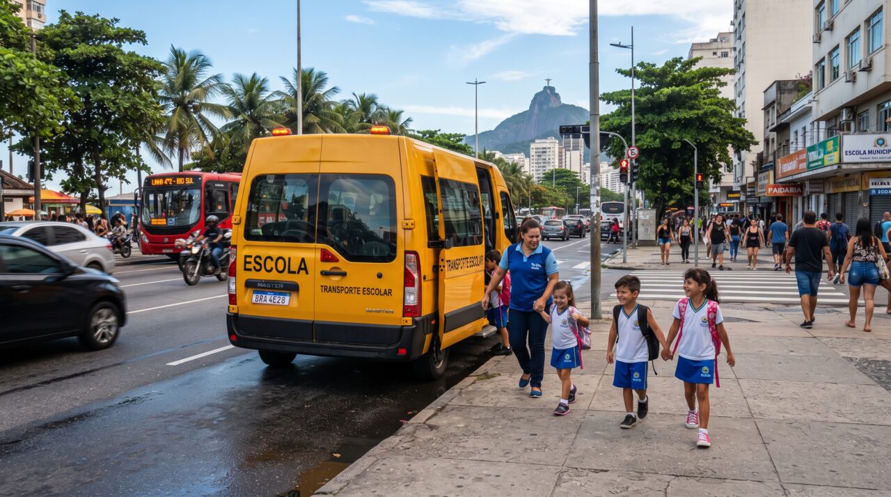 Motorista apressado ultrapassa van escolar que estava parada com o pisca-alerta ligado na calçada e comete infração ao ignorar as crianças desembarcando