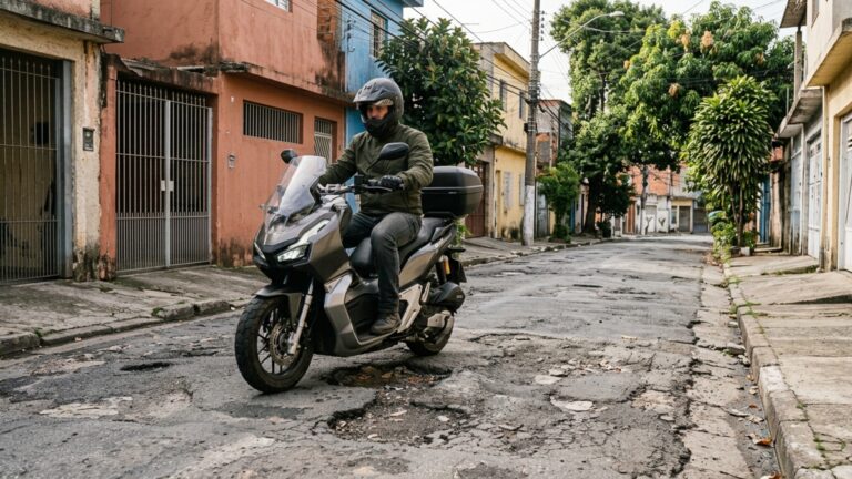 Suspensão com 130 mm de curso na dianteira, 165 mm de vão livre e apenas 128 kg ajudam esta scooter automática a sofrer menos em valetas e ruas ruins