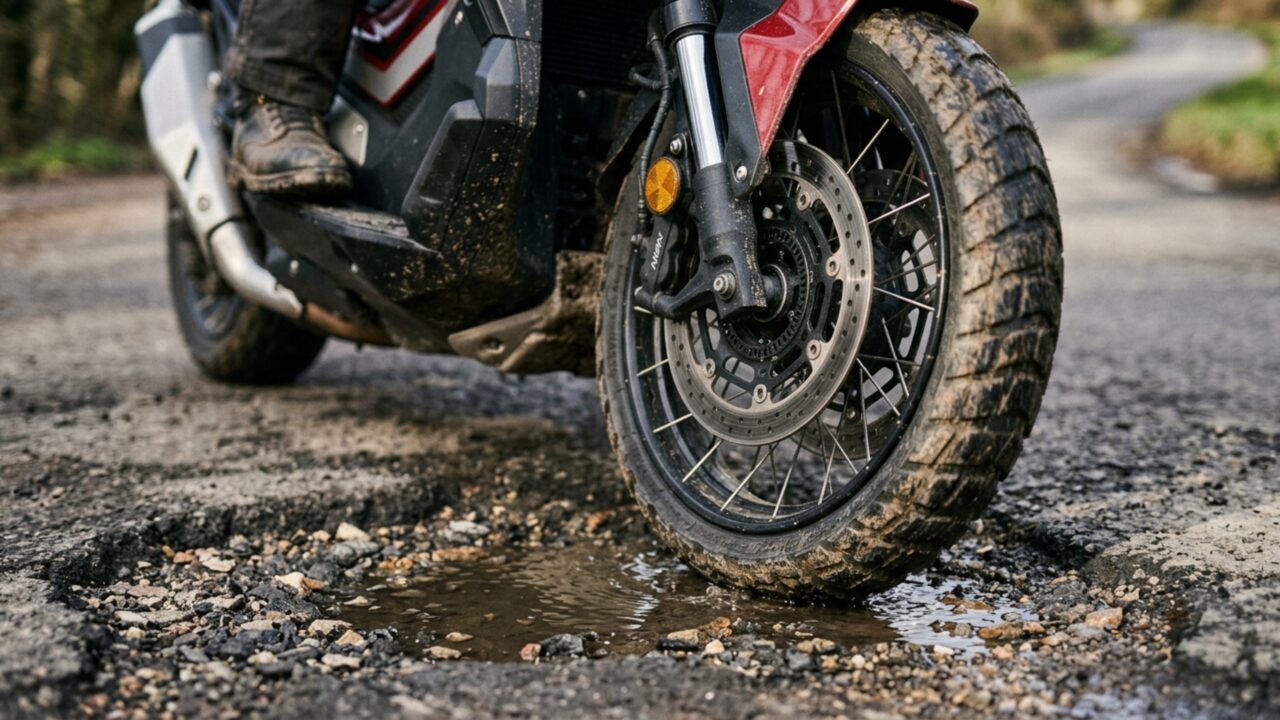 Suspensão com 130 mm de curso na dianteira, 165 mm de vão livre e apenas 128 kg ajudam esta scooter automática a sofrer menos em valetas e ruas ruins