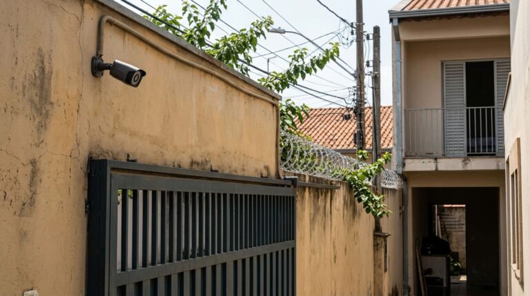 Câmera de segurança com lente grande-angular pode registrar áreas vizinhas além do portão que deveria monitorar
