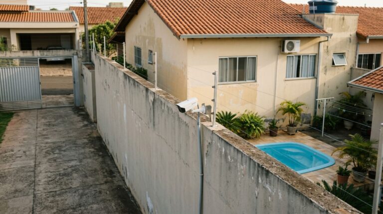 Proprietário instala uma câmera sobre o muro depois de furtos na rua, vizinha descobre que o equipamento registra sua piscina e parte das janelas dos quartos e exige a mudança, mas imagens comprovam que o aparelho também monitora a entrada da garagem