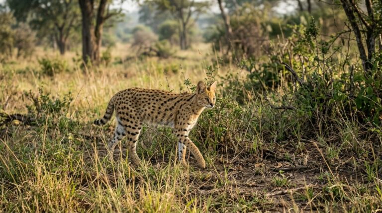 Um serval com o raro padrão de pelagem servaline está entre os registros surpreendentes obtidos por armadilhas fotográficas no oeste da Tanzânia
