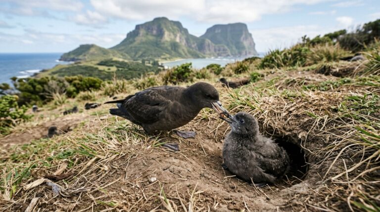 Filhote de pardela recebe alimento dos pais em Lord Howe Island