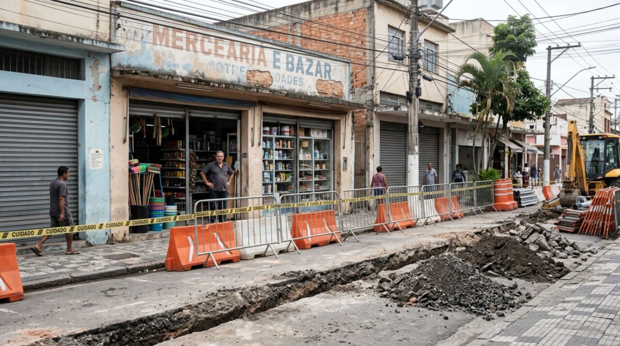 Comerciante mantém uma pequena loja funcionando há mais de dez anos, uma obra pública bloqueia o acesso principal por semanas