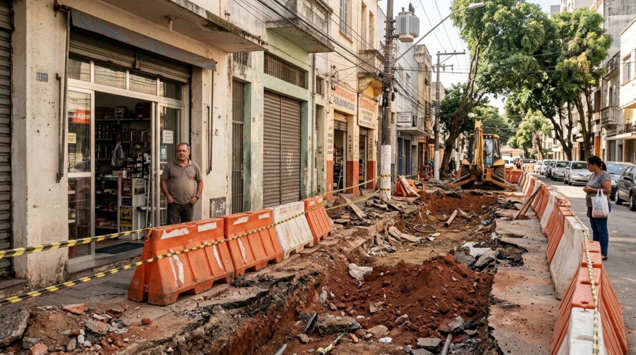 Comerciante mantém uma pequena loja funcionando há mais de dez anos, uma obra pública bloqueia o acesso principal por semanas e ele procura indenização após registrar queda nas vendas e prejuízos com mercadorias