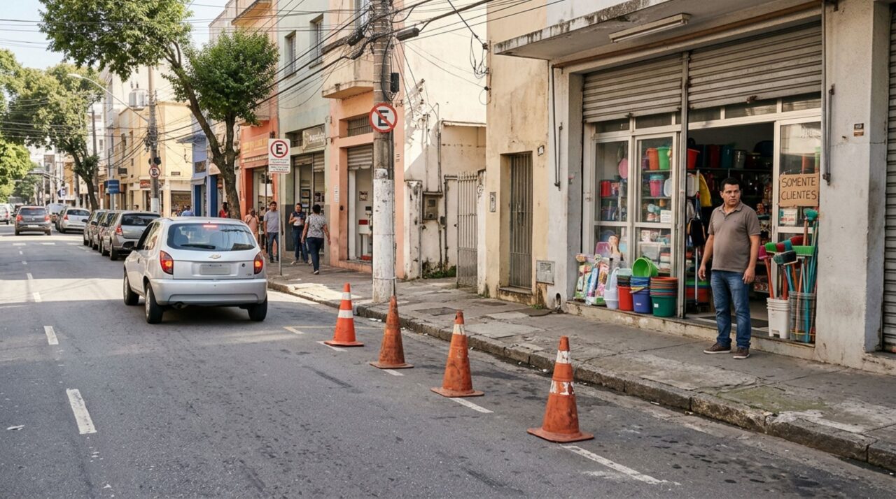Comerciante coloca dois cones na rua para impedir que clientes de outras lojas estacionem diante do seu estabelecimento e descobre que ter uma empresa no local não transforma a vaga pública em propriedade particular