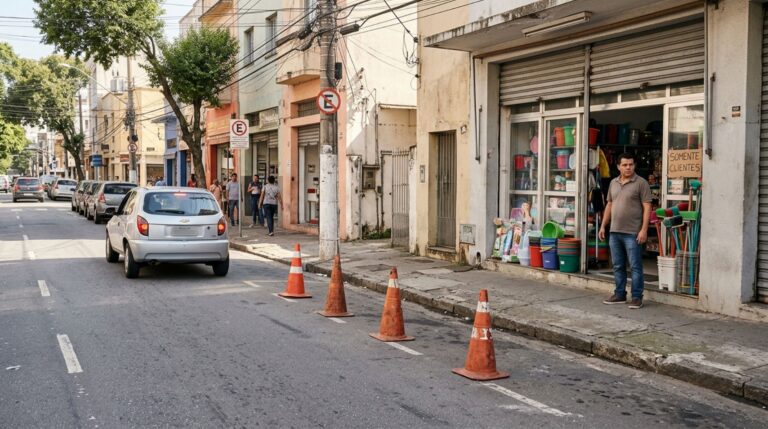 Comerciante coloca dois cones na rua para impedir que clientes de outras lojas estacionem diante do seu estabelecimento e descobre que ter uma empresa no local não transforma a vaga pública em propriedade particular