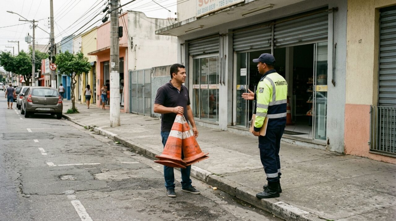 Comerciante coloca dois cones na rua para impedir que clientes de outras lojas estacionem diante do seu estabelecimento e descobre que ter uma empresa no local não transforma a vaga pública em propriedade particularComerciante coloca dois cones na rua para impedir que clientes de outras lojas estacionem diante do seu estabelecimento e descobre que ter uma empresa no local não transforma a vaga pública em propriedade particular