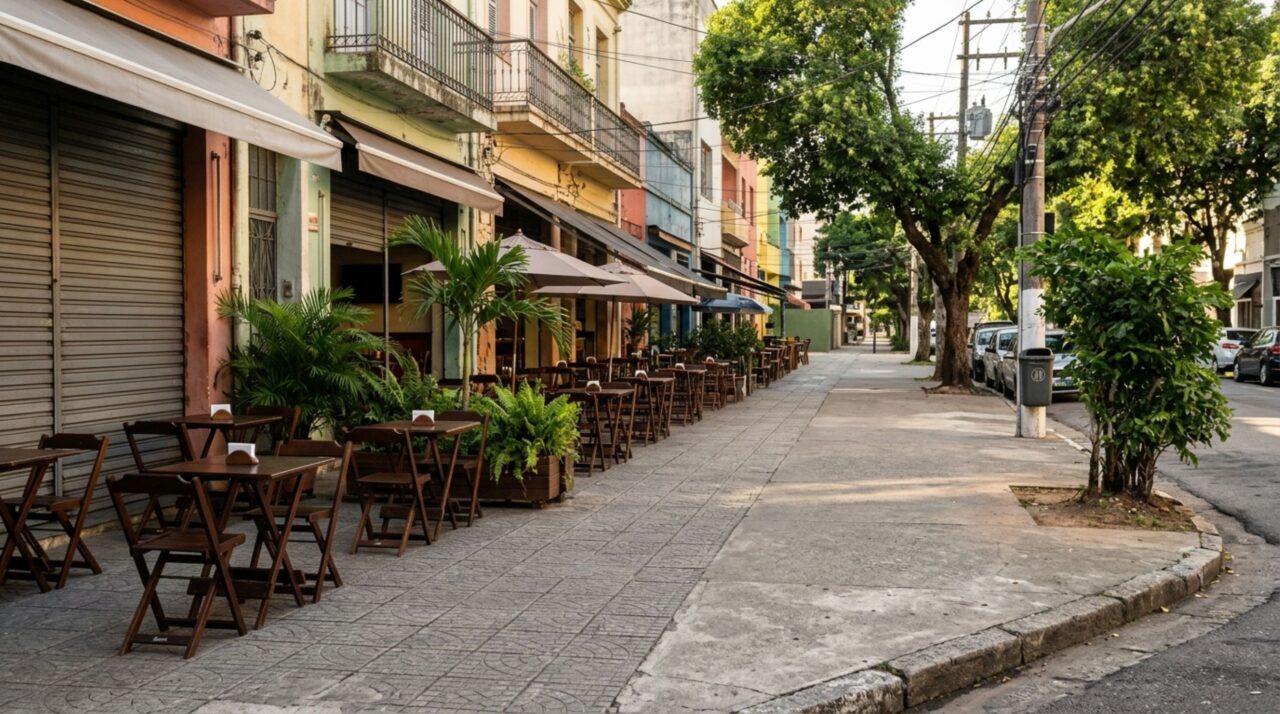Mesas e cadeiras organizadas junto à fachada de um restaurante deixam uma passagem livre e ampla na calçada para pedestres