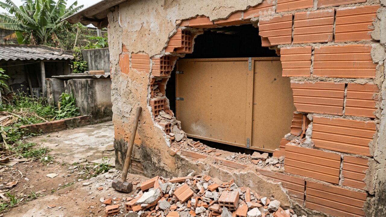 Durante a demolição de uma edícula, família percebe que o armário da cozinha vizinha estava apoiado na parede retirada e acompanha o aparecimento de uma abertura atrás dos móveis