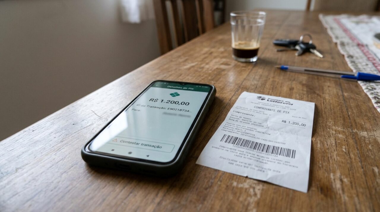 Smartphone com aplicativo bancário aberto na opção de contestar uma transferência Pix de R$ 1.200, acompanhado de comprovante de pagamento.