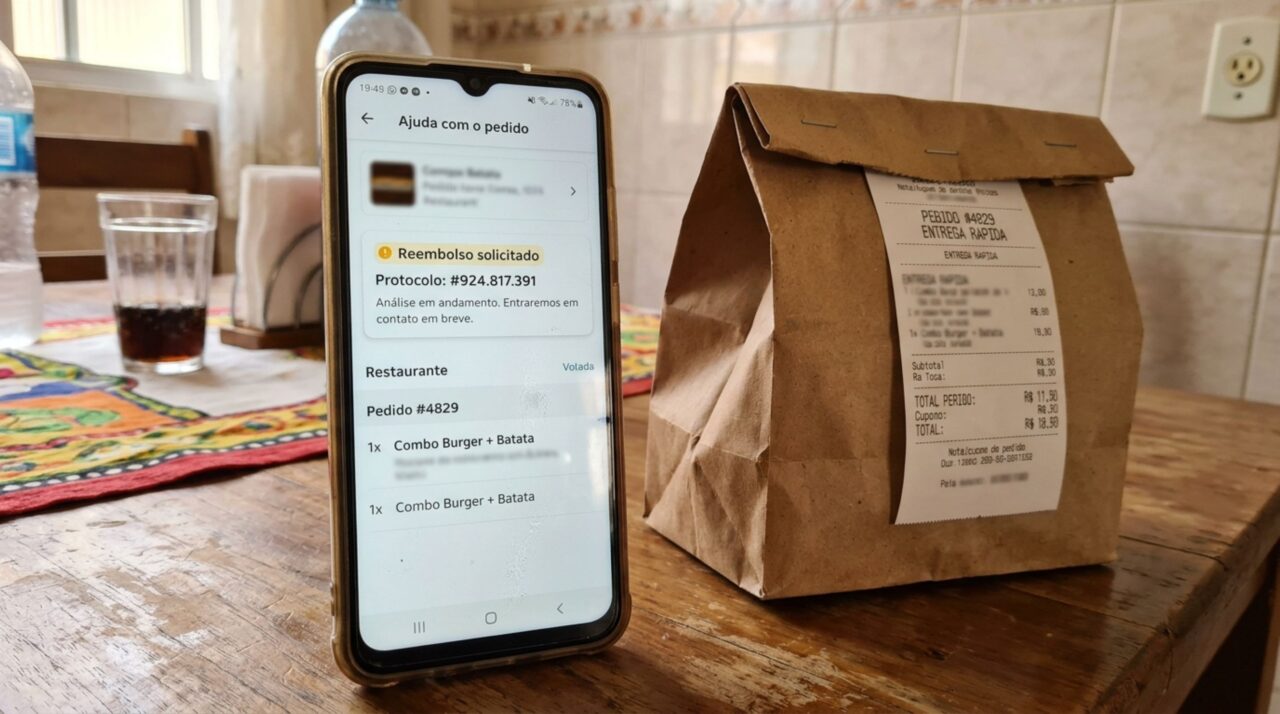 Celular exibindo solicitação de reembolso e número de protocolo ao lado de uma sacola de delivery com recibo de entrega