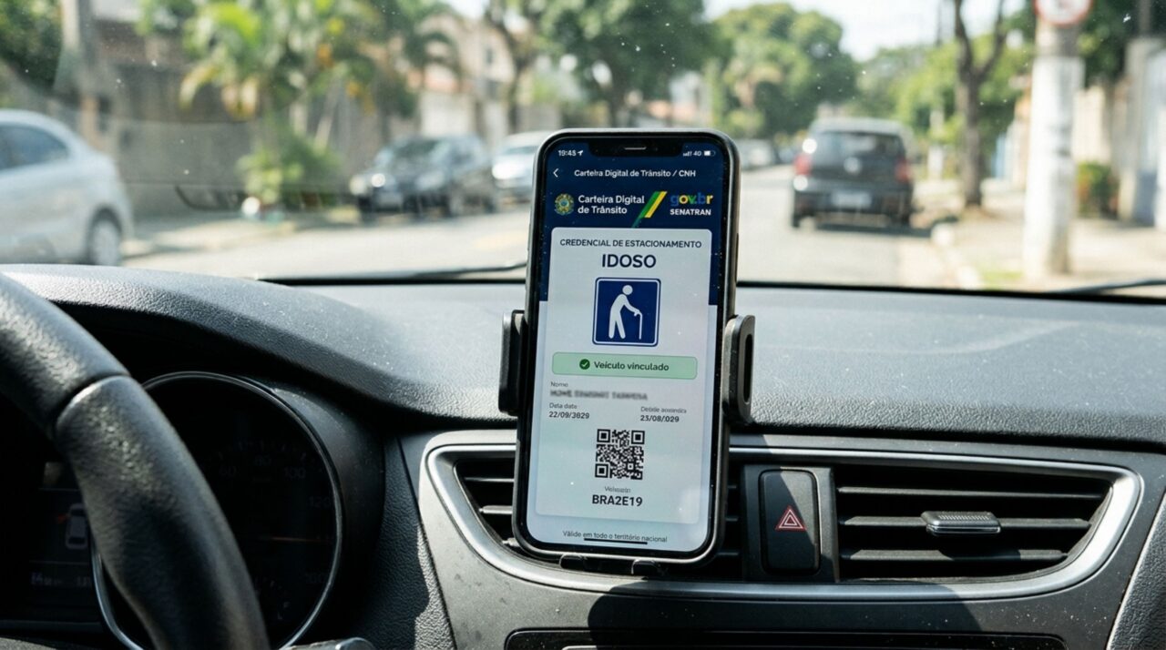 Celular no painel de um carro exibe credencial digital de estacionamento para idosos com identificação do veículo vinculado