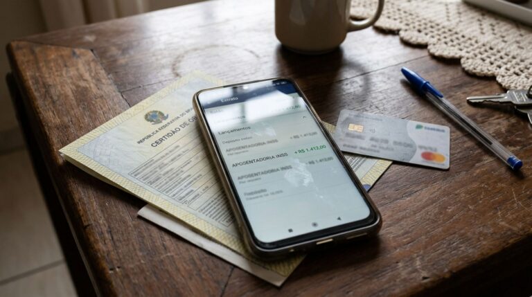 Celular mostra depósito de aposentadoria do INSS ao lado de uma certidão de óbito e cartão bancário