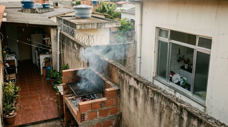Morador constrói uma churrasqueira de alvenaria encostada no muro da divisa, vizinha começa a receber fumaça pela janela da cozinha e exige a mudança da estrutura, mas a planta da reforma revela que não foi previsto nenhum sistema de exaustão